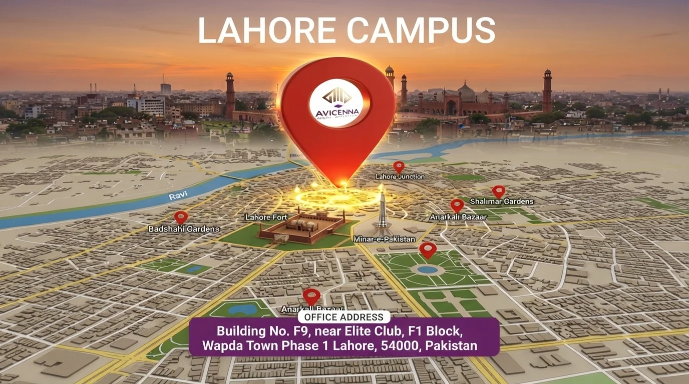 Avicenna Education System Lahore Office | GED & Educational Services in Lahore Front view of Avicenna Education System Lahore Campus building with official branding and campus signage.