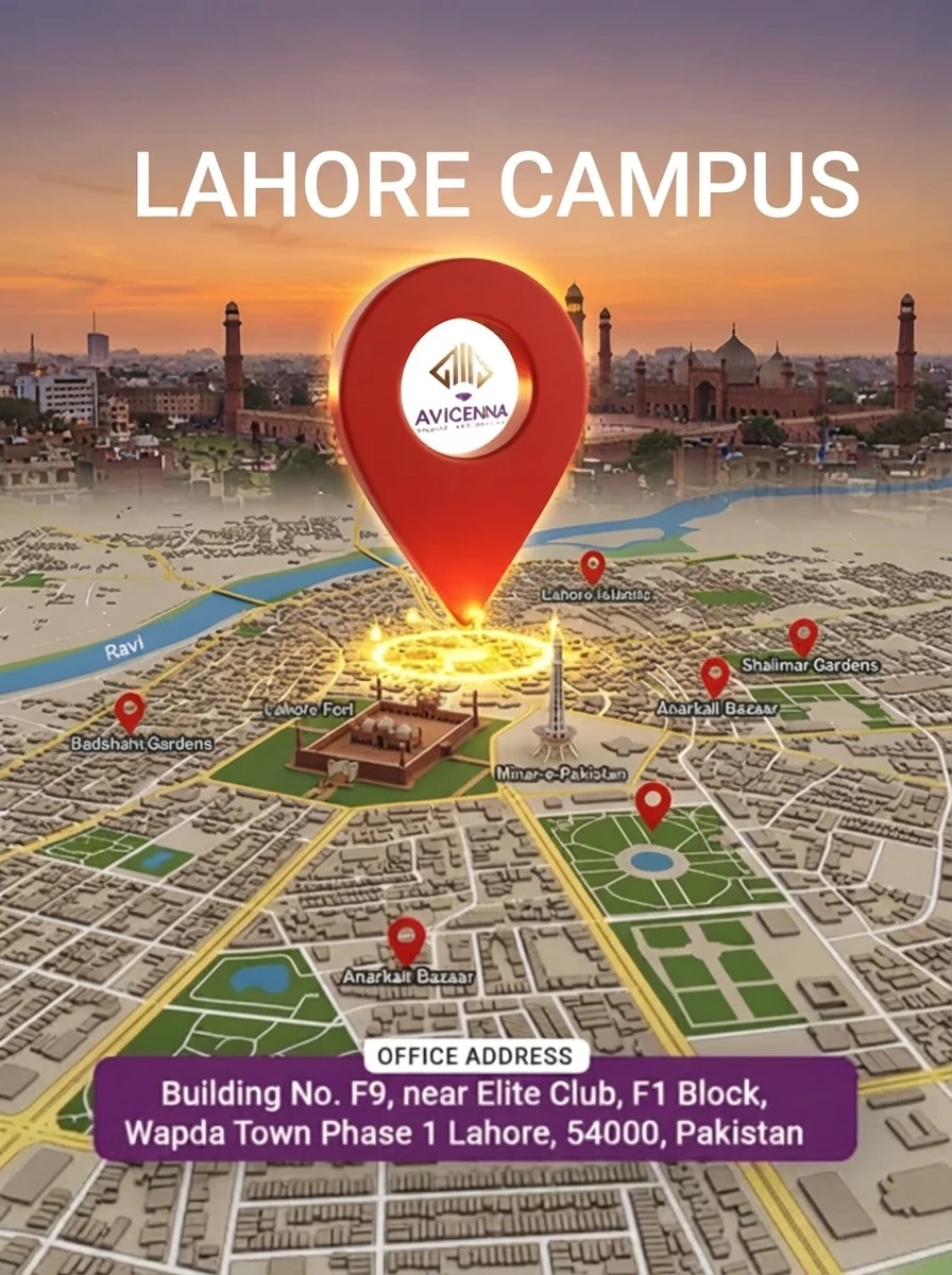 Front view of Avicenna Education System Lahore Campus building with official branding and campus signage.
